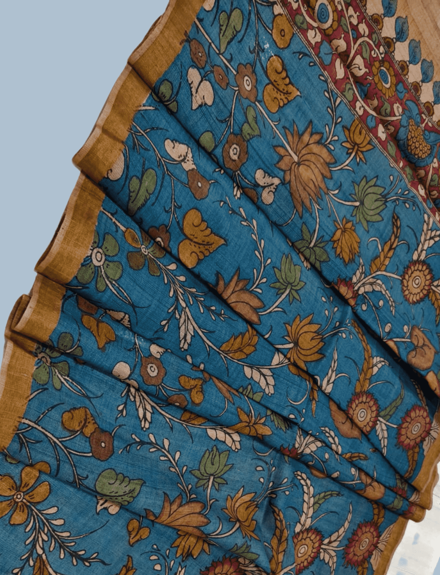 Pen Kalamkari Tussar Silk Dupatta in Ocean Blue - 008