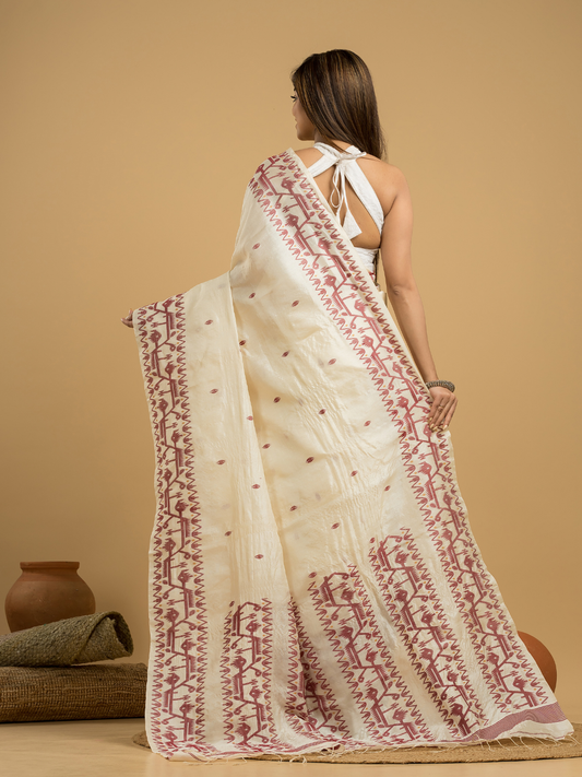 Linen White Tussar Silk Jamdani Saree - 044