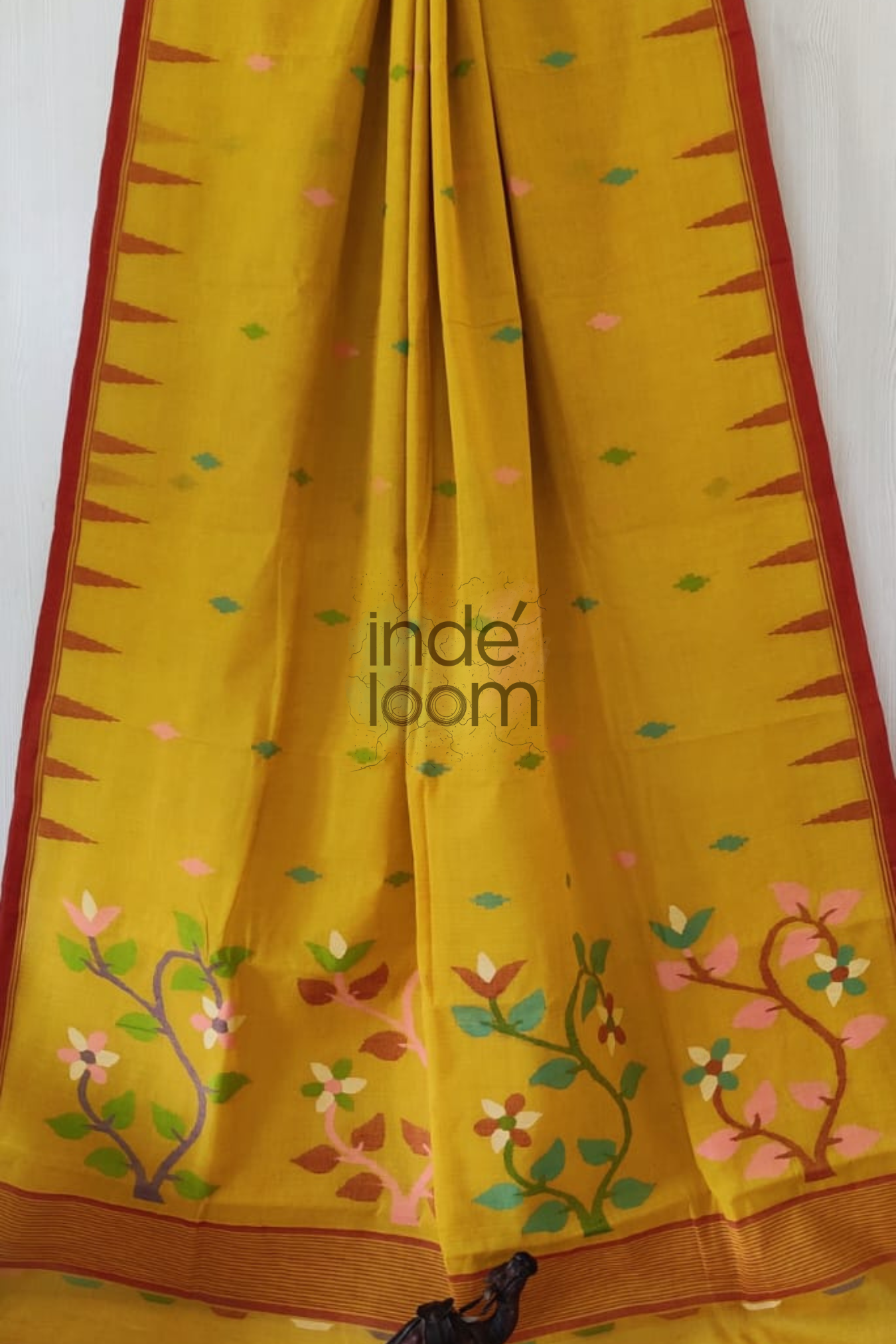 Floral Mustard  Yellow Bengal Pure Cotton Jamdani Saree-022