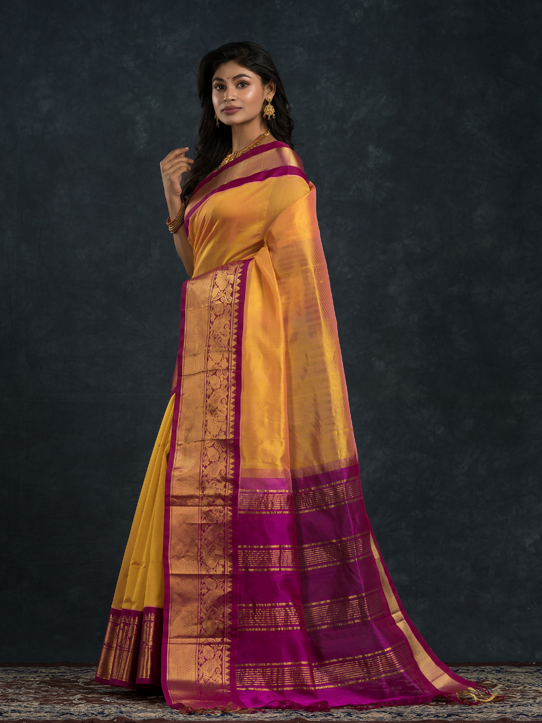 Bright Yellow With Golden Purple Border Korvai Saree - 099