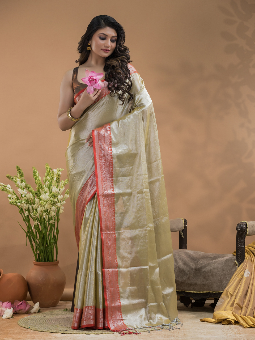 Tissue Silk Saree In Bone White -023