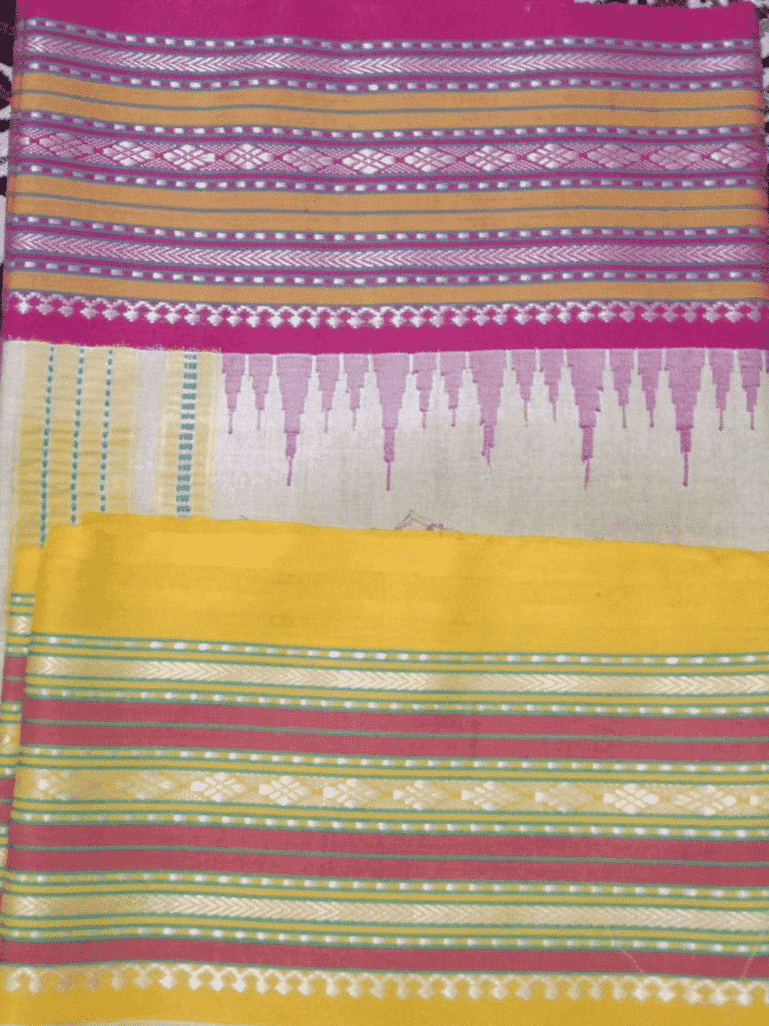 Beige & Pink Yellow Handloom Vidarbha Tussar Silk Saree with Multicolor Contrast Border -041 - indeloom