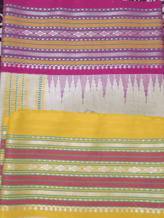 Beige & Pink Yellow Handloom Vidarbha Tussar Silk Saree with Multicolor Contrast Border -041 - indeloom