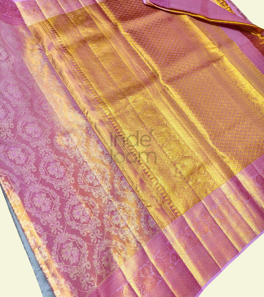 Rose Pink with Silver Design and Golden Pallu Kanjivaram Saree -044