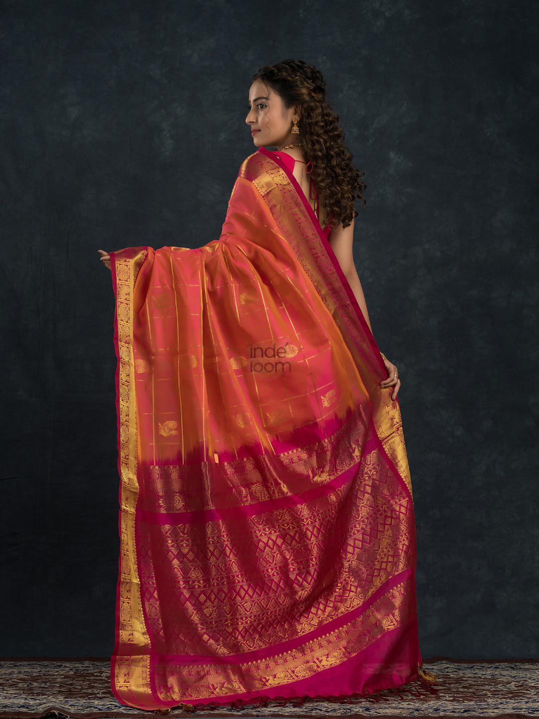 Korvai Saree Mayil Chakram with Zari Checks Peach Pink With Maroon Border - 148