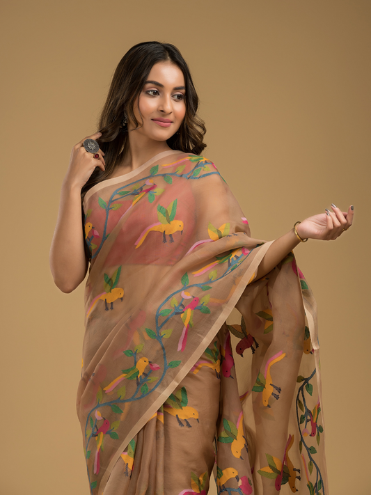 Muslin Jamdani Saree With Sand Brown - 021