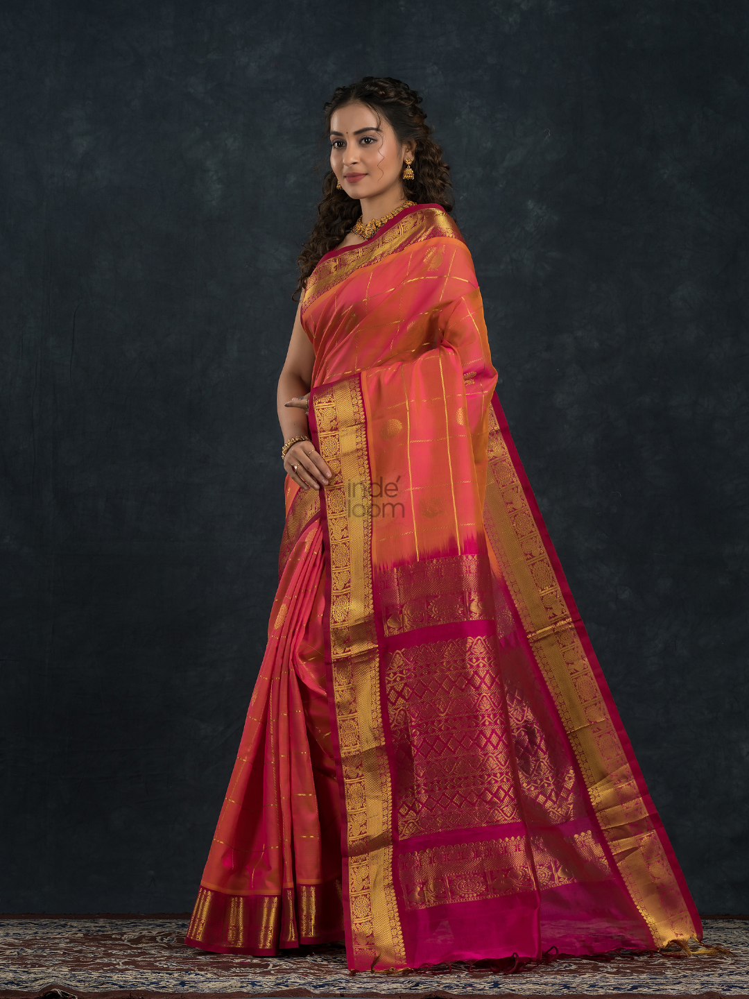 Korvai Saree Mayil Chakram with Zari Checks Peach Pink With Maroon Border - 148