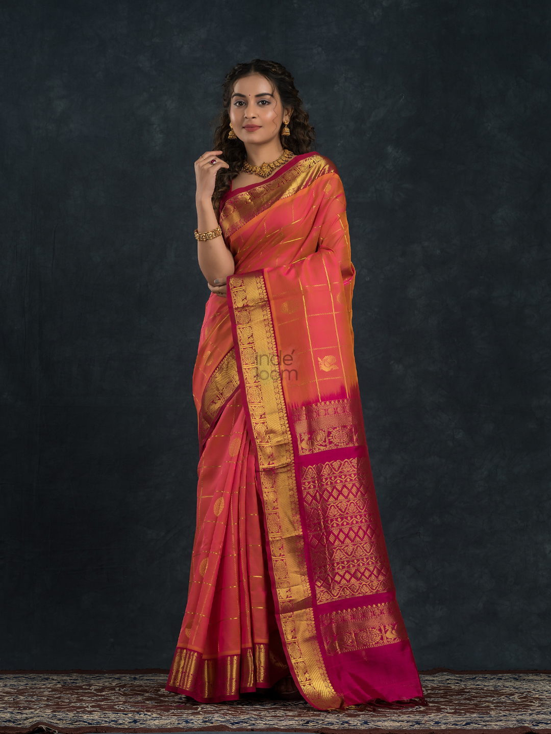 Korvai Saree Mayil Chakram with Zari Checks Peach Pink With Maroon Border - 148