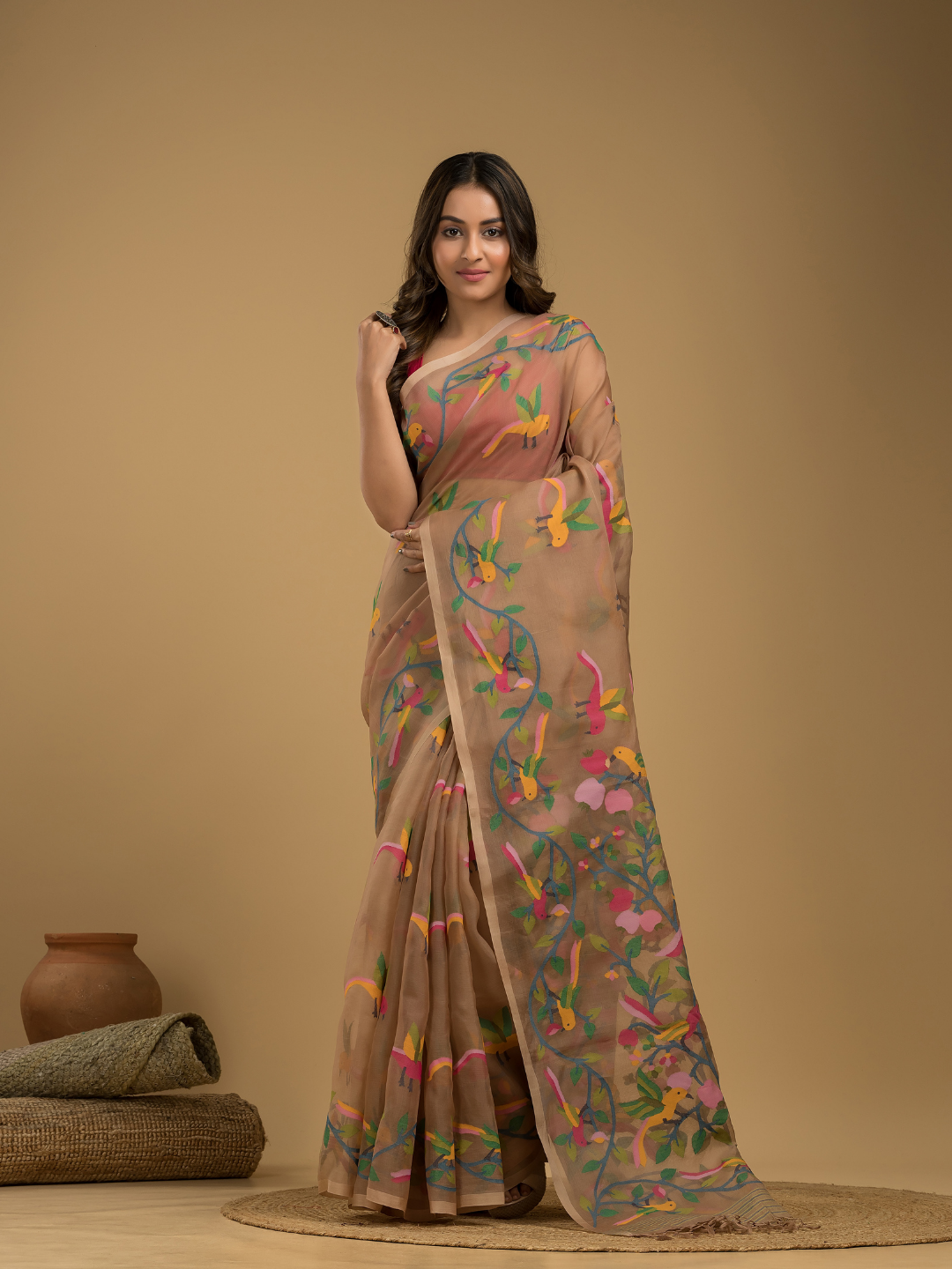 Muslin Jamdani Saree With Sand Brown - 021