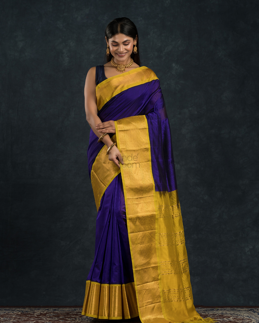 Korvai Saree Navy Blue and Golden Yellow Border - 110