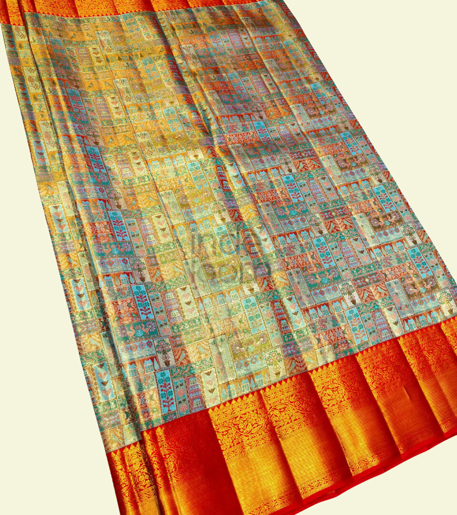 Multi Designe  with Pure Orange Border Kanjivaram Saree-043