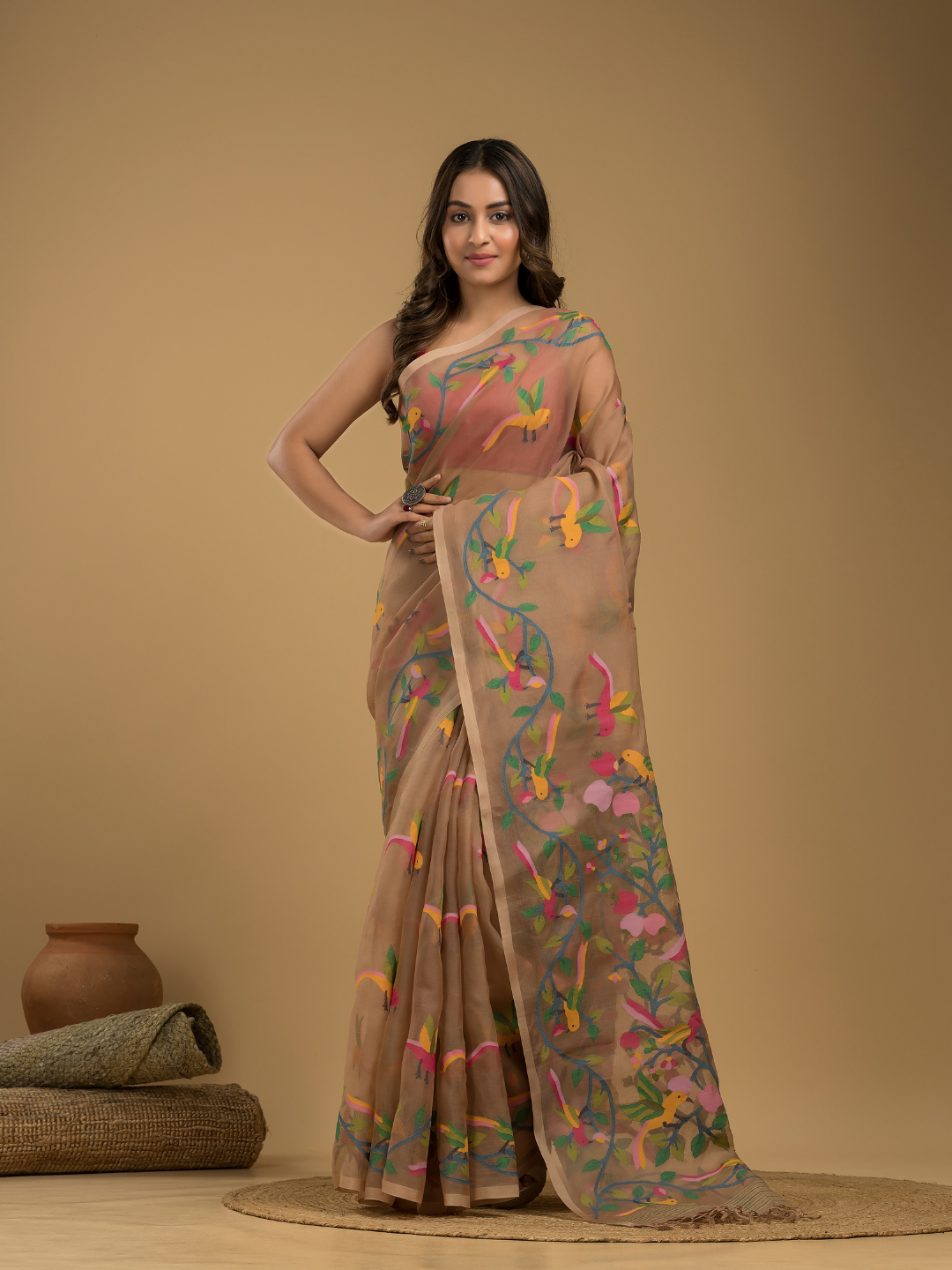 Muslin Jamdani Saree With Sand Brown - 021