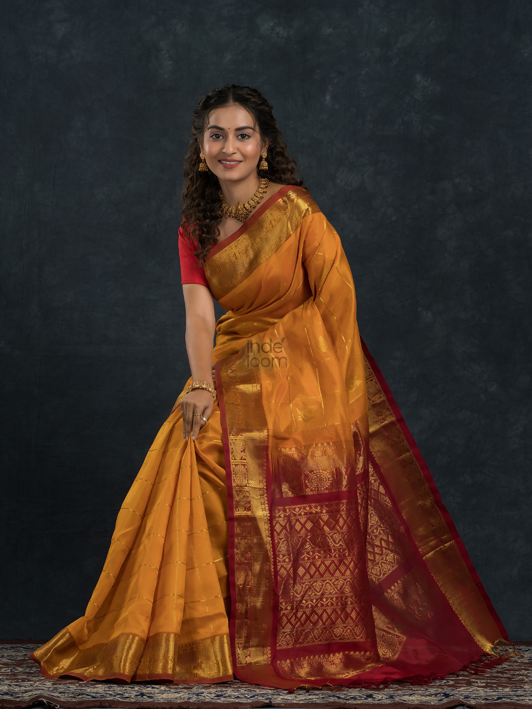 Korvai Saree Mayil Chakram with Zari Checks Golden Yellow and Dark Red Border - 144