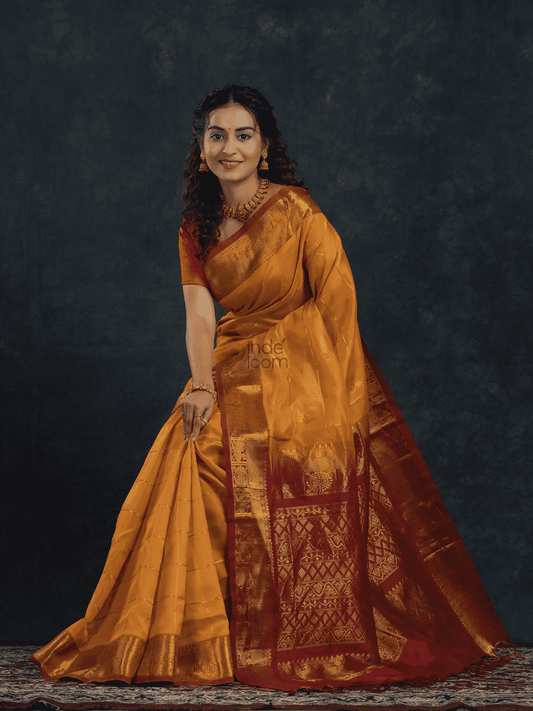 Pure Handloom Korvai Silk Cotton Mayil-Chakram Saree in Golden Yellow and Dark Red Border with Zari Checks - 144