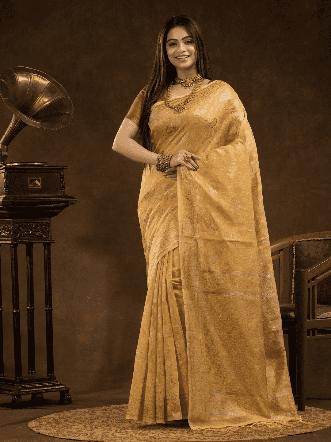 Chanderi Silk Floral Saree In Golden Yellow (Precision Looms) - 001