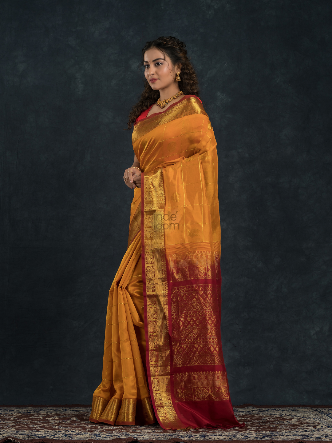 Korvai Saree Mayil Chakram with Zari Checks Golden Yellow and Dark Red Border - 144