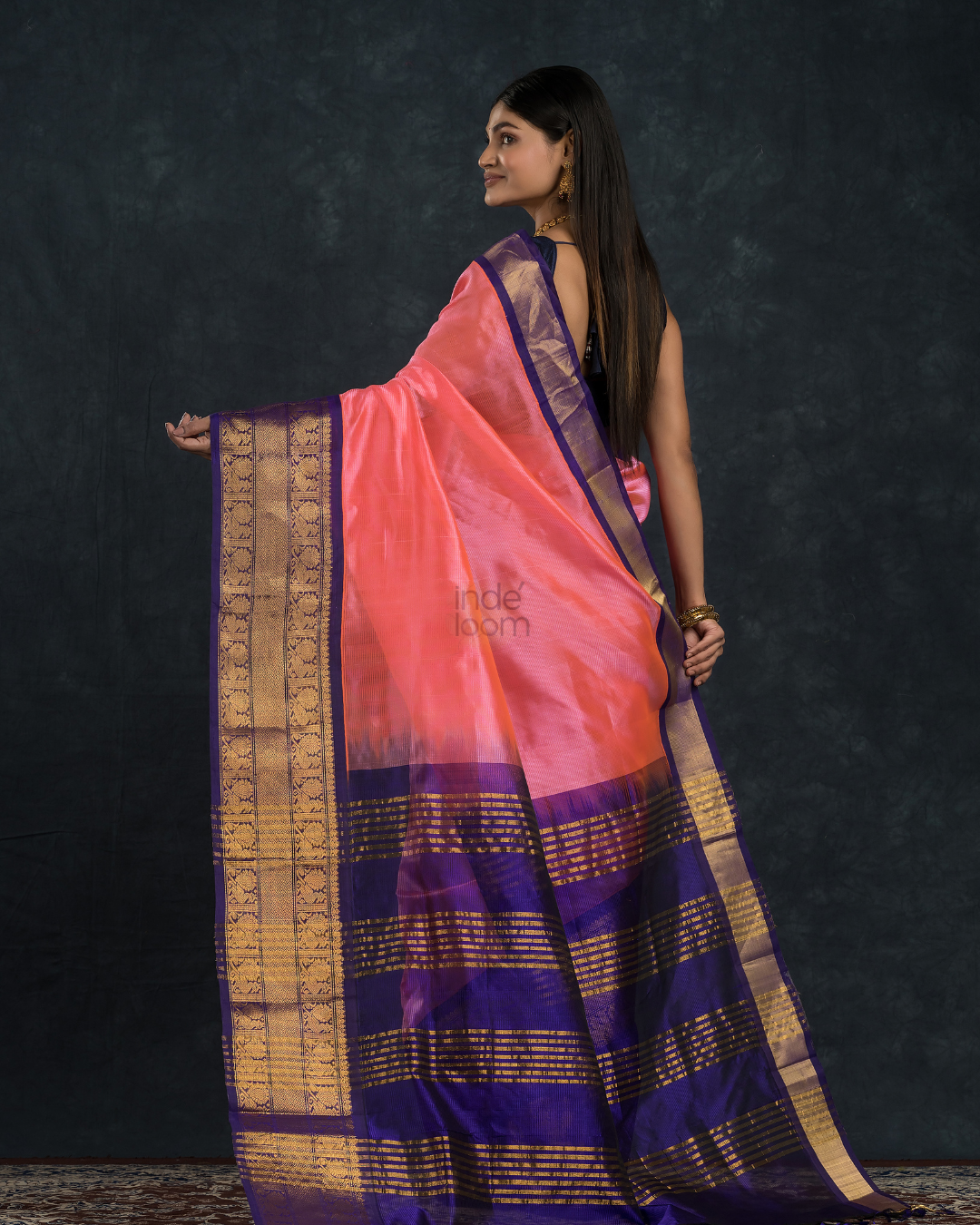 Pure handloom Korvai Silk Cotton Saree in Magenta Pink with Purple Border - 002