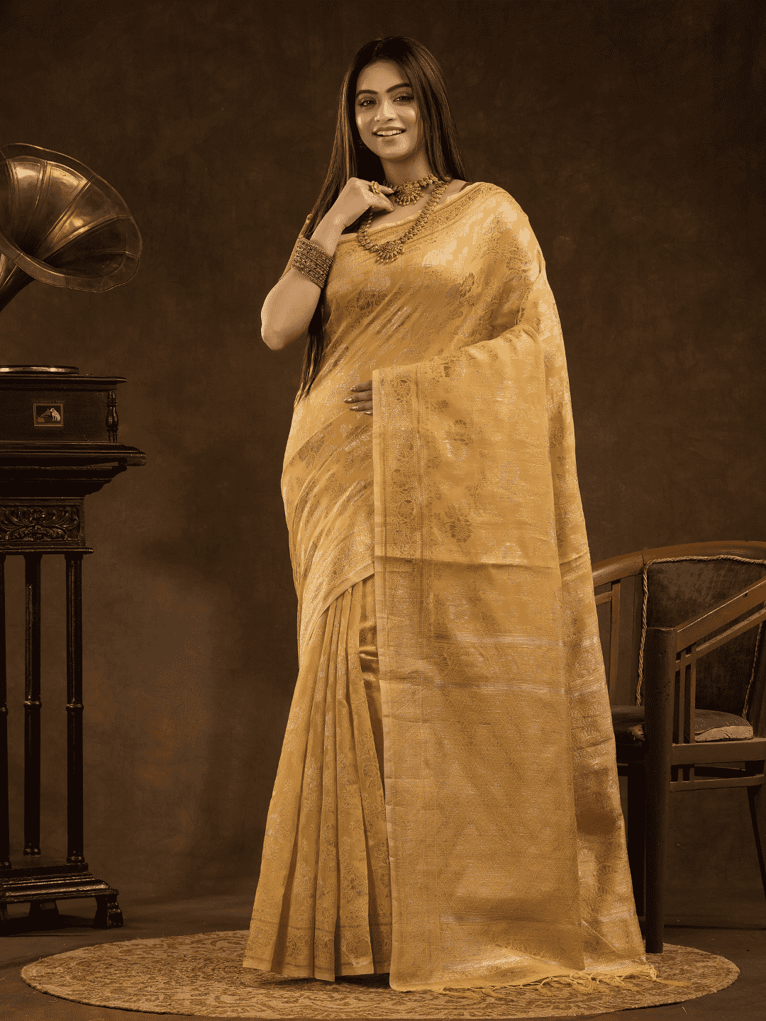 Chanderi Silk Floral Saree In Golden Yellow (Precision Looms) - 001