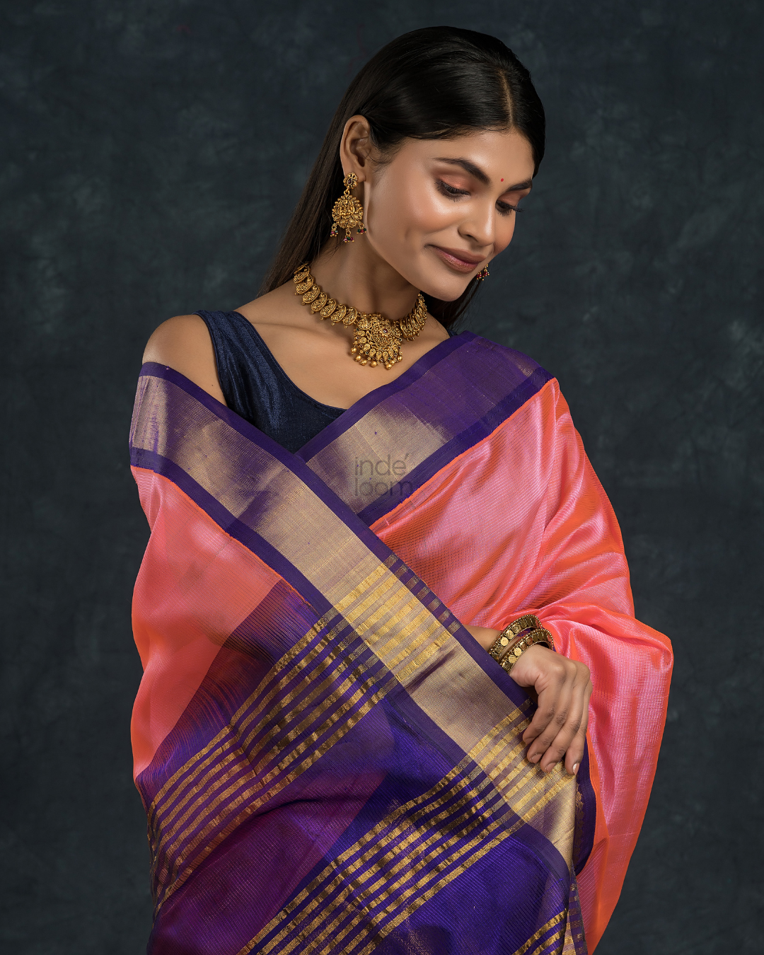 Pure handloom Korvai Silk Cotton Saree in Magenta Pink with Purple Border - 002