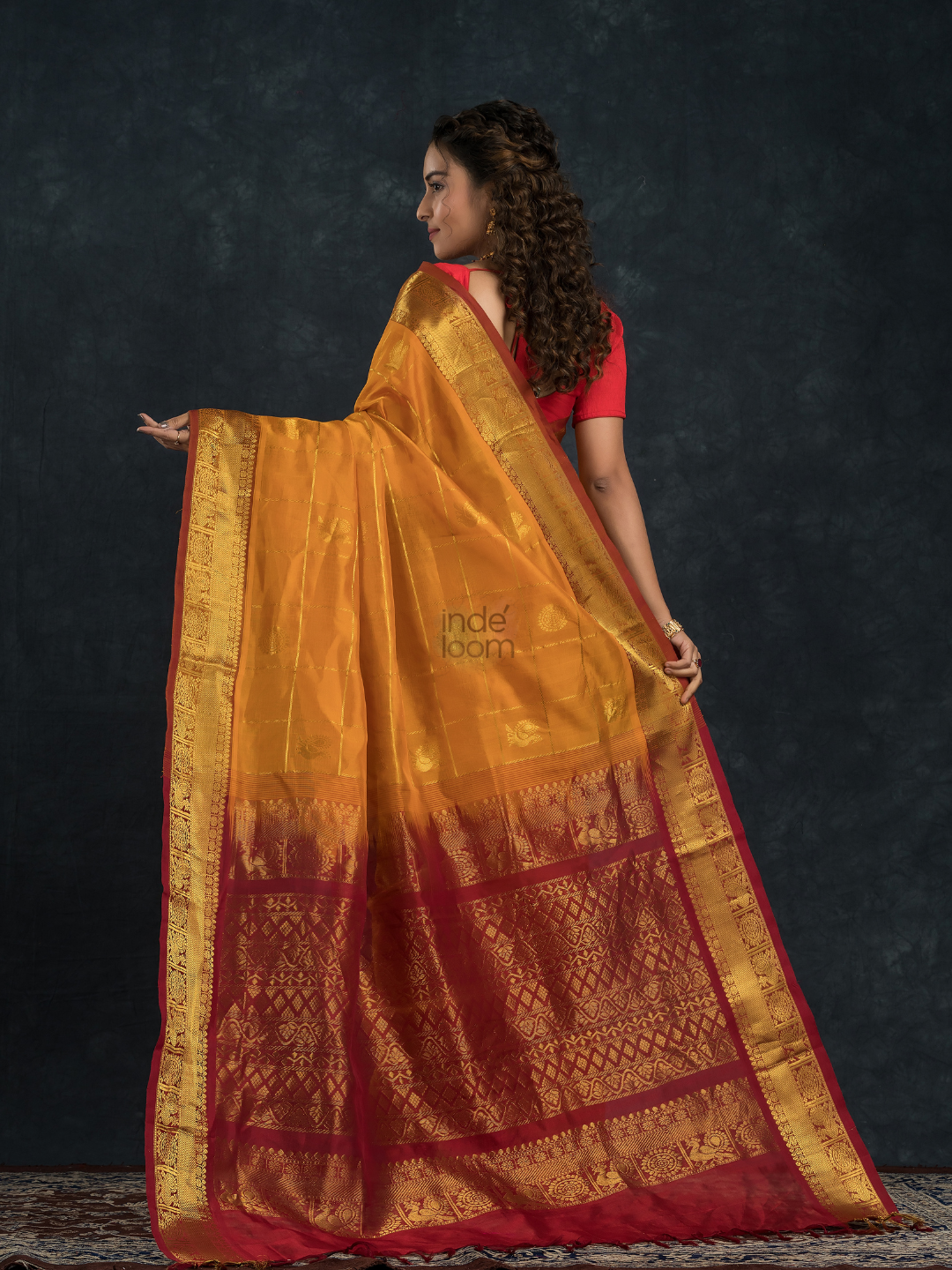 Korvai Saree Mayil Chakram with Zari Checks Golden Yellow and Dark Red Border - 144