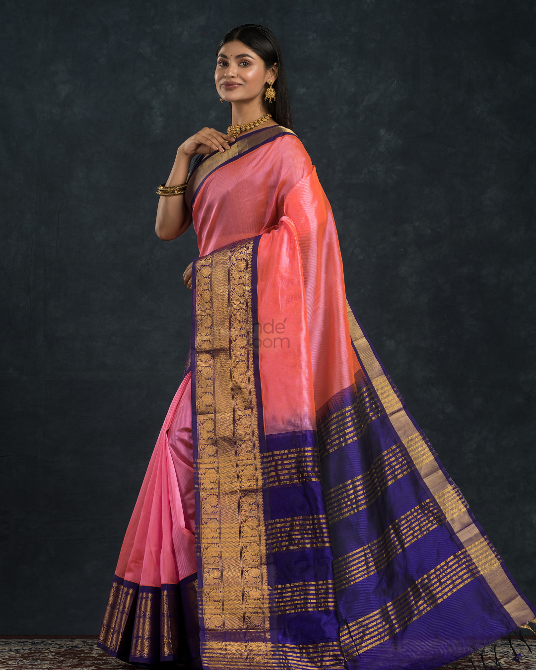 Pure handloom Korvai Silk Cotton Saree in Magenta Pink with Purple Border - 002