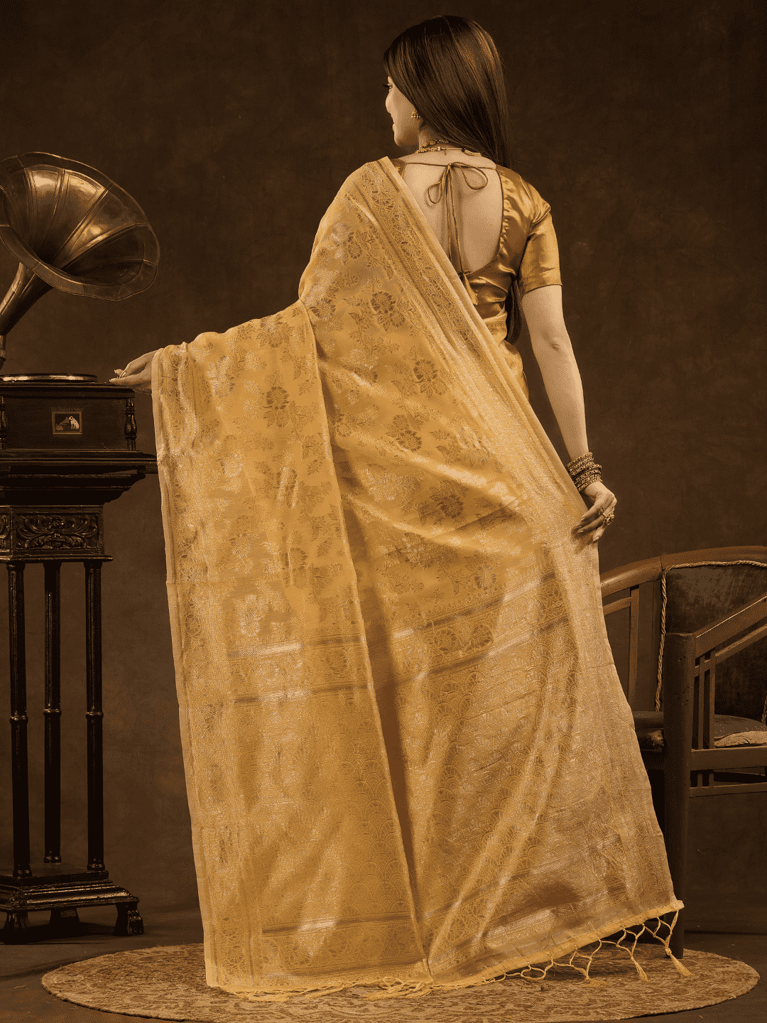 Chanderi Silk Floral Saree In Golden Yellow (Precision Looms) - 001