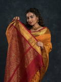 Korvai Saree Mayil Chakram with Zari Checks Golden Yellow and Dark Red Border - 144