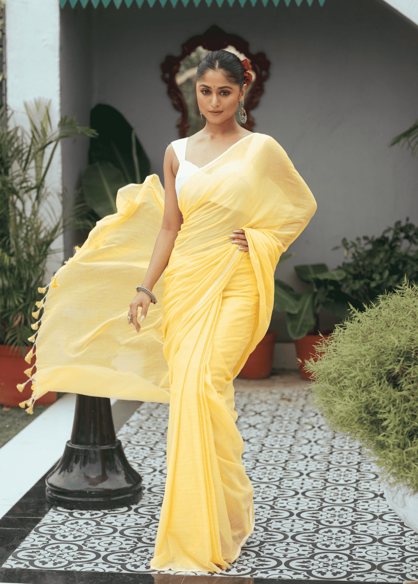 Pale Yellow Mul Mul Cotton Saree - 036