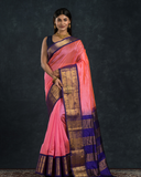 Pure handloom Korvai Silk Cotton Saree in Magenta Pink with Purple Border - 002