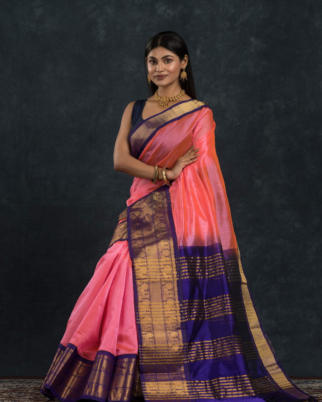 Pure handloom Korvai Silk Cotton Saree in Magenta Pink with Purple Border - 002