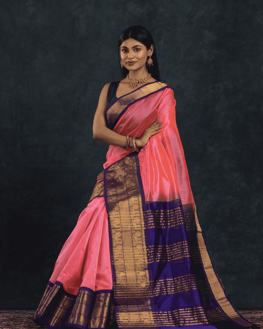 Pure handloom Korvai Silk Cotton Saree in Magenta Pink with Purple Border - 002