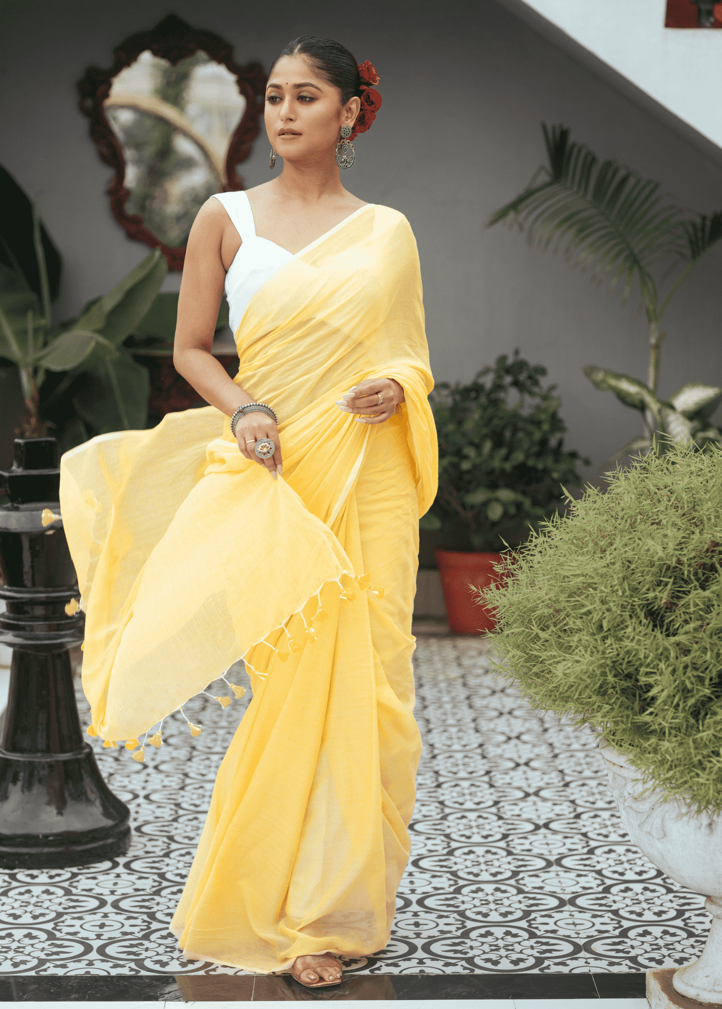 Pale Yellow Mul Mul Cotton Saree - 036