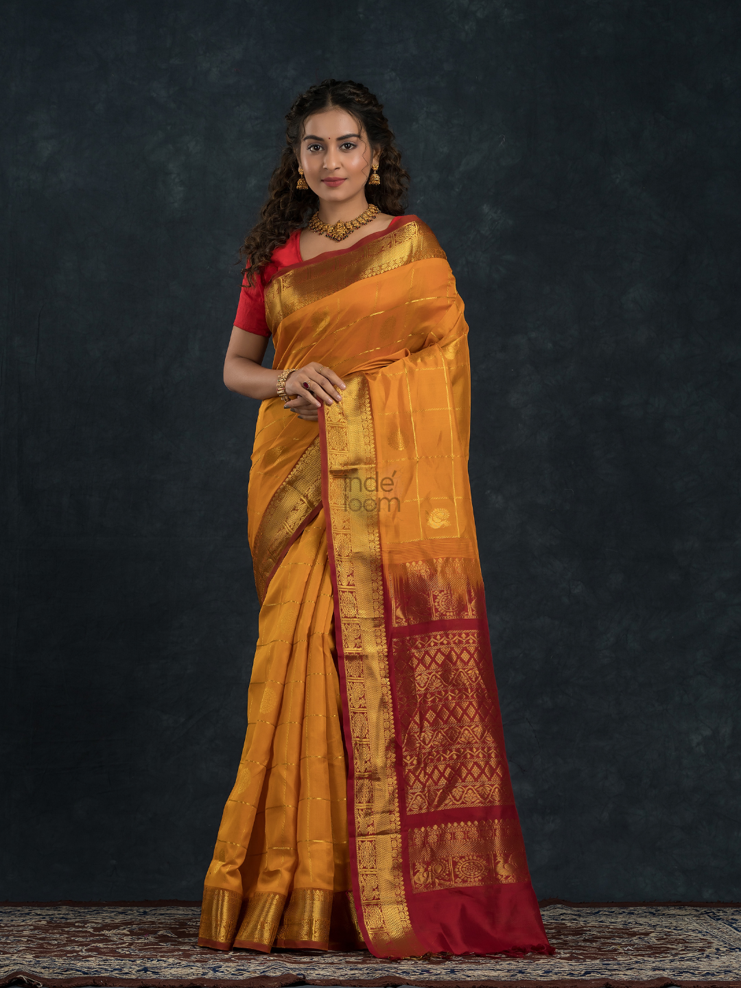 Korvai Saree Mayil Chakram with Zari Checks Golden Yellow and Dark Red Border - 144