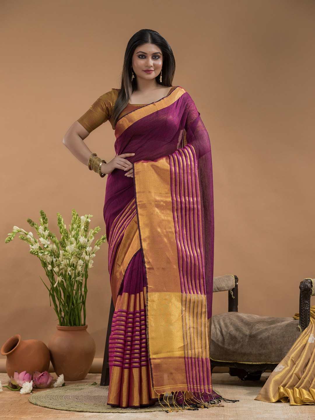 Tissue Silk Saree In Brick Red  030