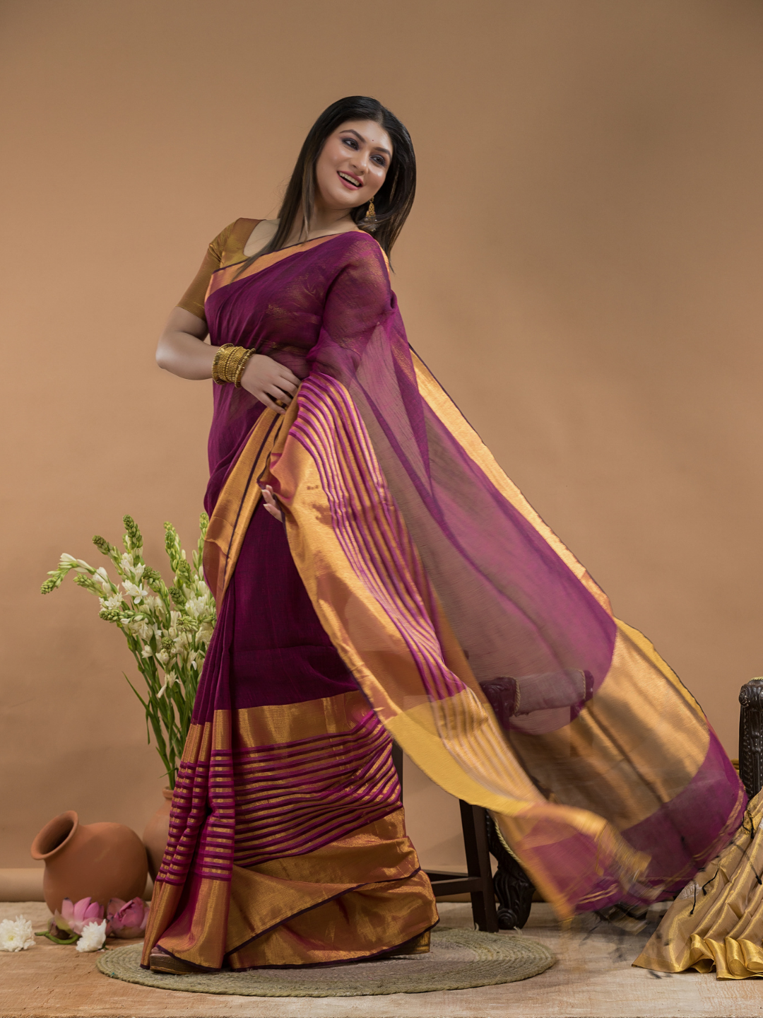 Tissue Silk Saree In Brick Red  030