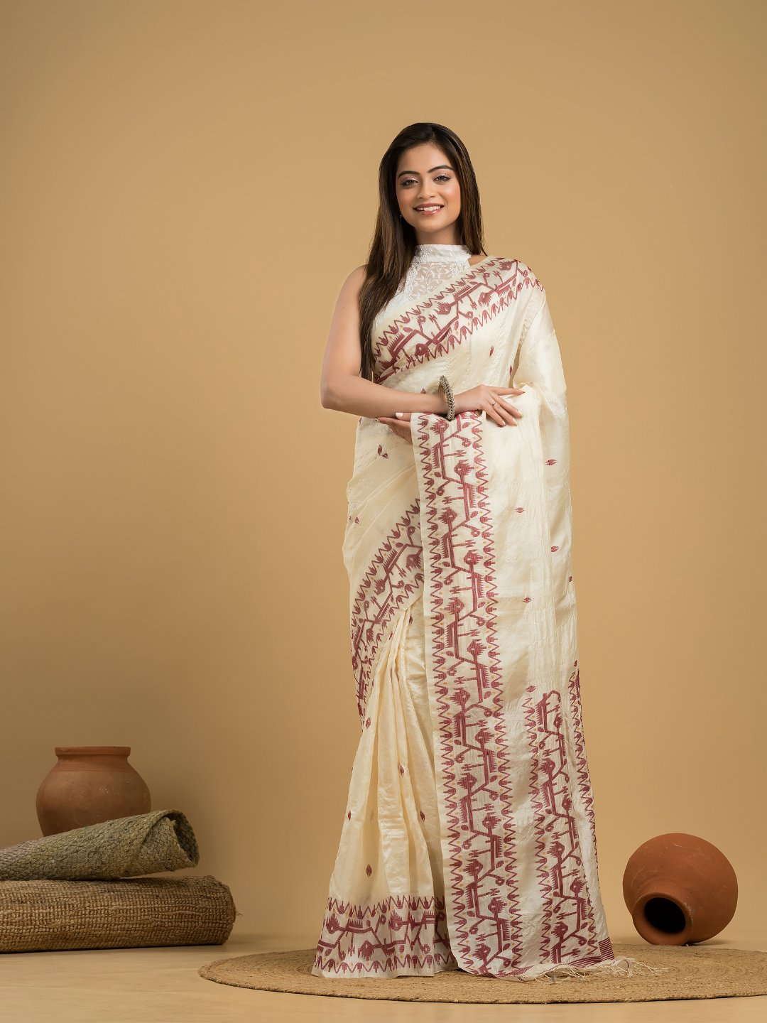 Linen White Tussar Silk Jamdani Saree - 044