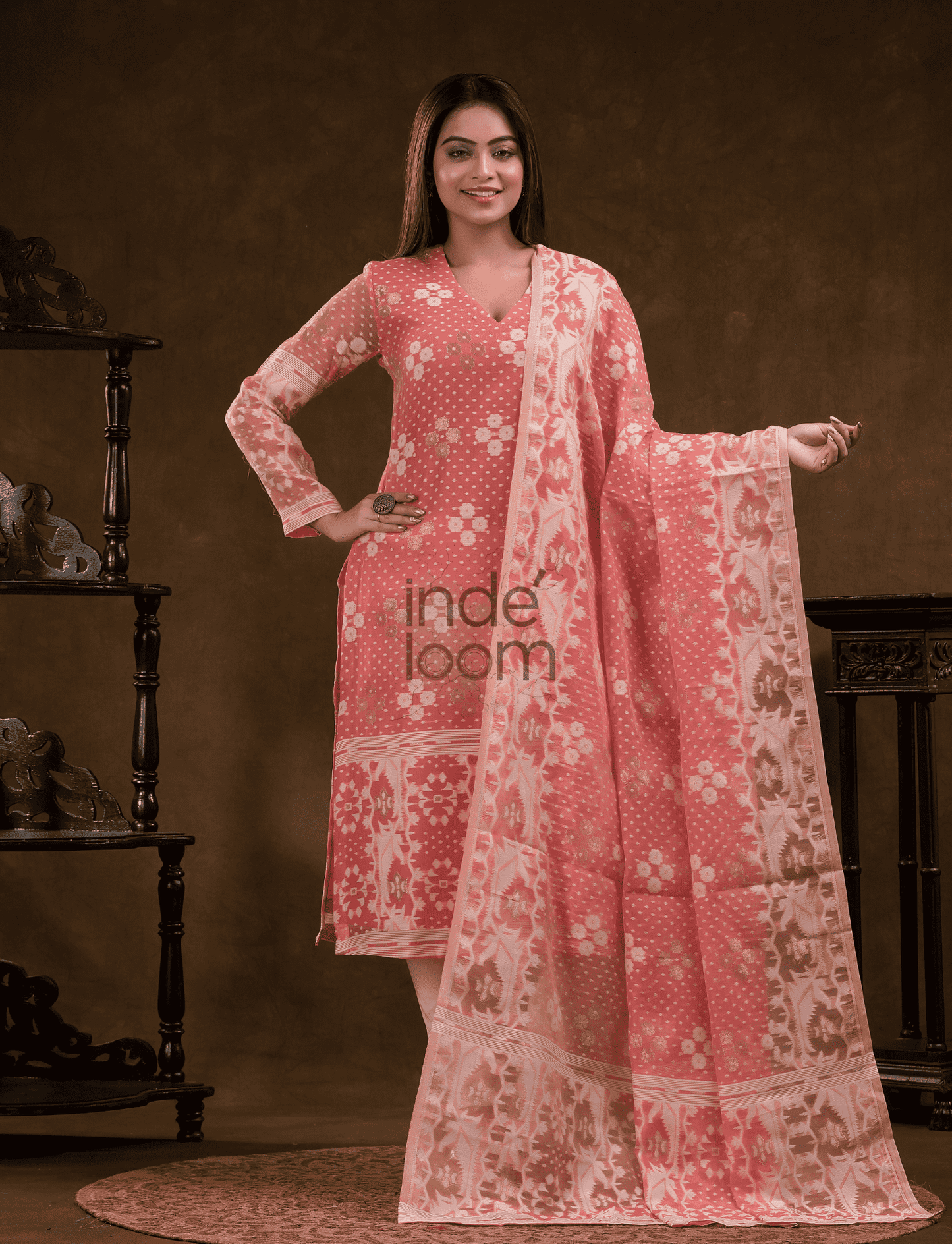 Coral Pink Cotton Silk Jamdani 2-Piece Set Kurti & Dupatta (UNSTITCHED) - 376