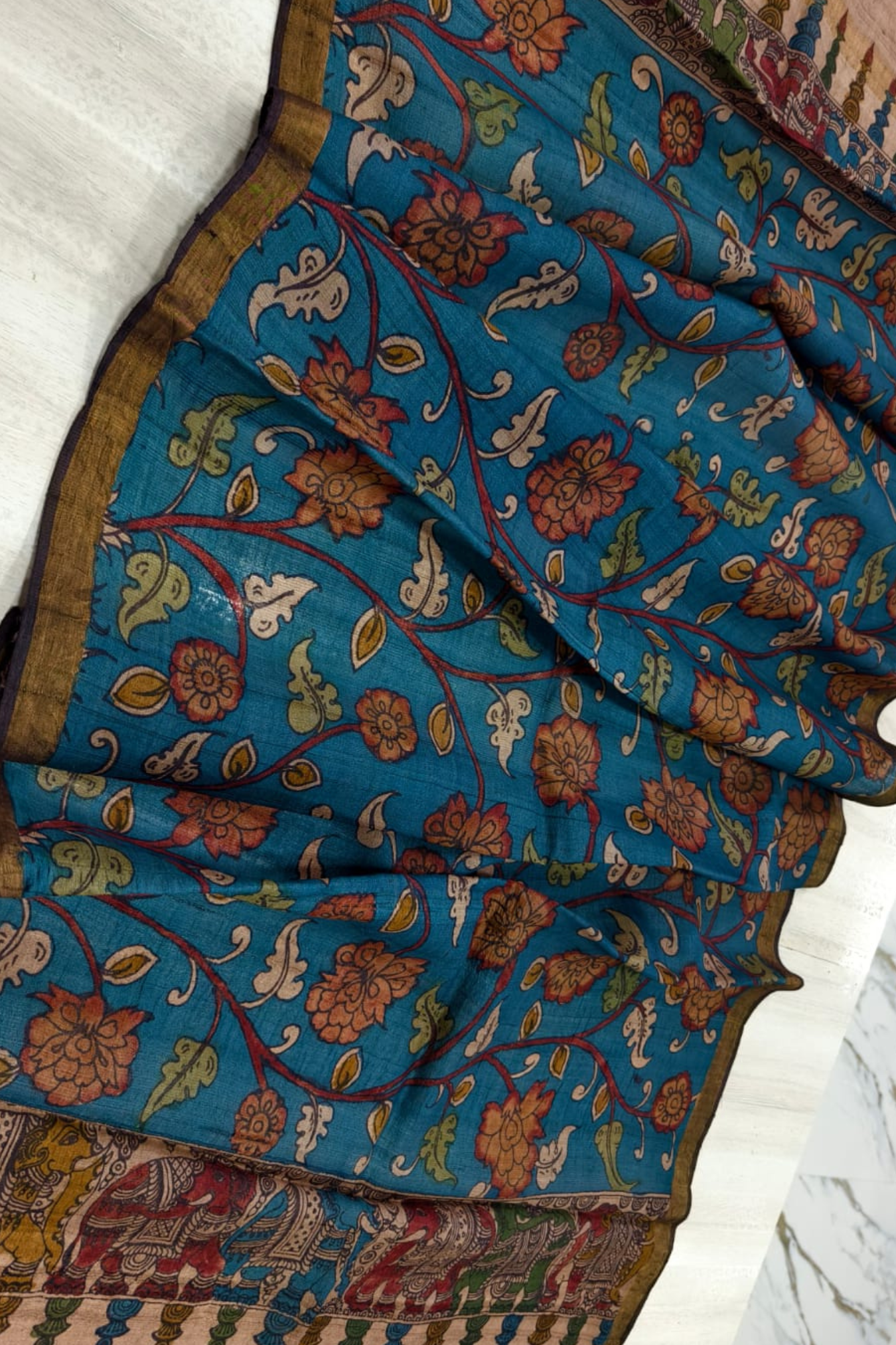 Berry Blue Design Tussar Silk Kalamkari Dupatta -028