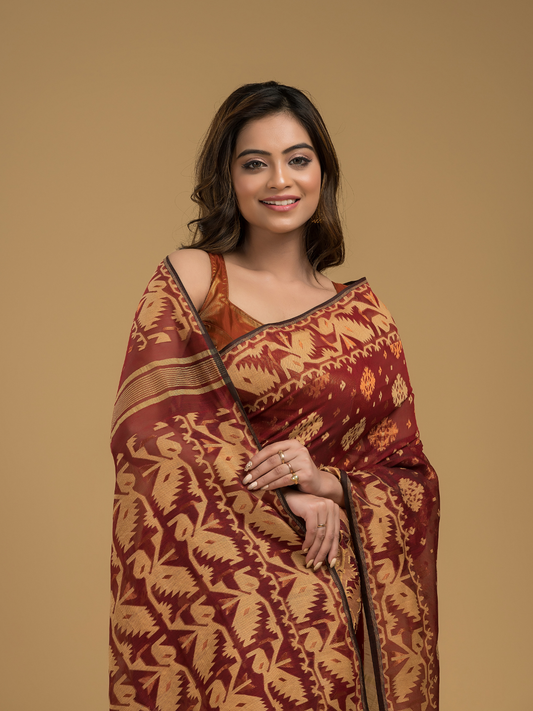 Umber Brown Cotton Silk Jamdani Saree - 022