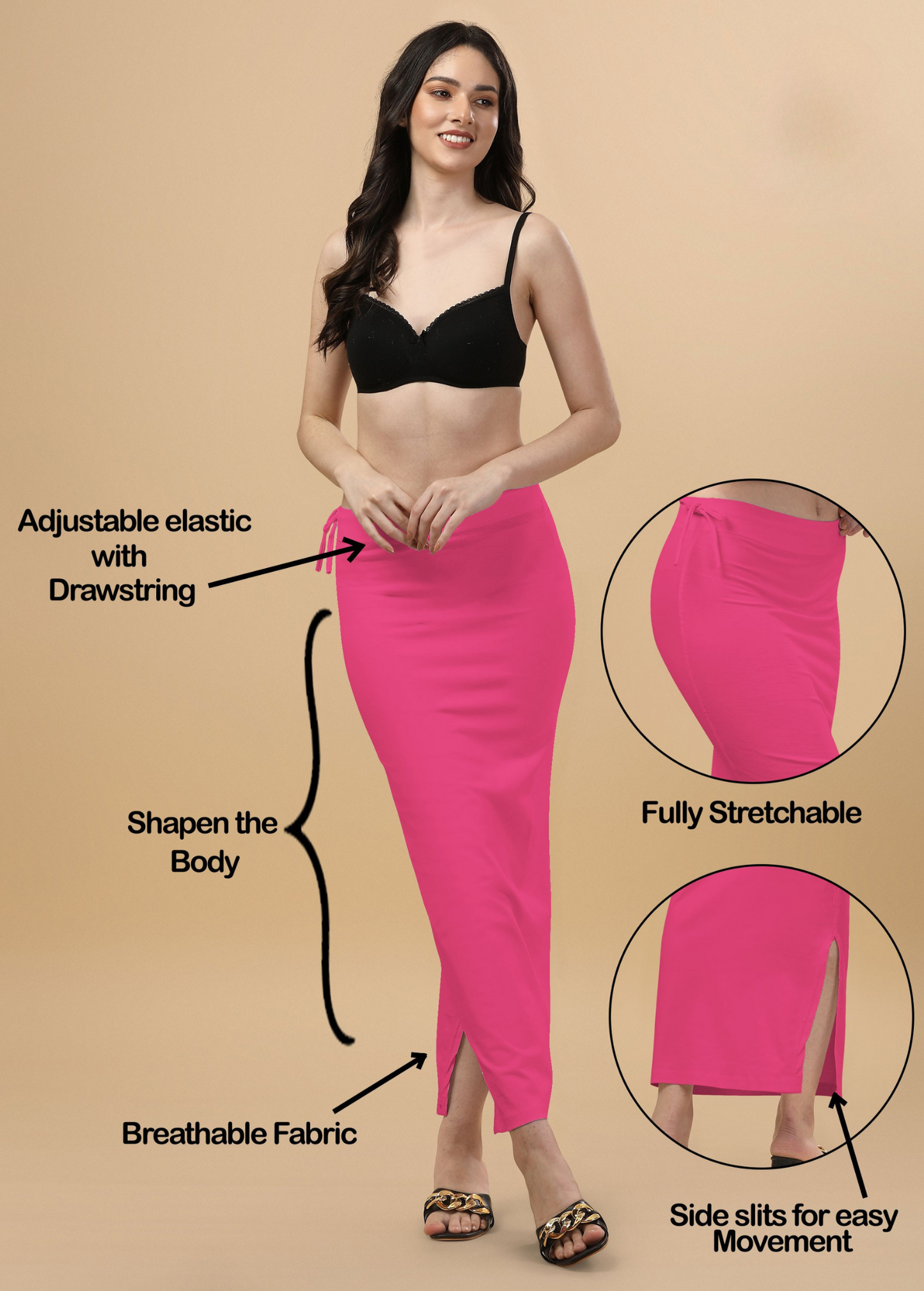 Saree Shapewear Straight Cut Rope Style In Punch Pink Color - 013