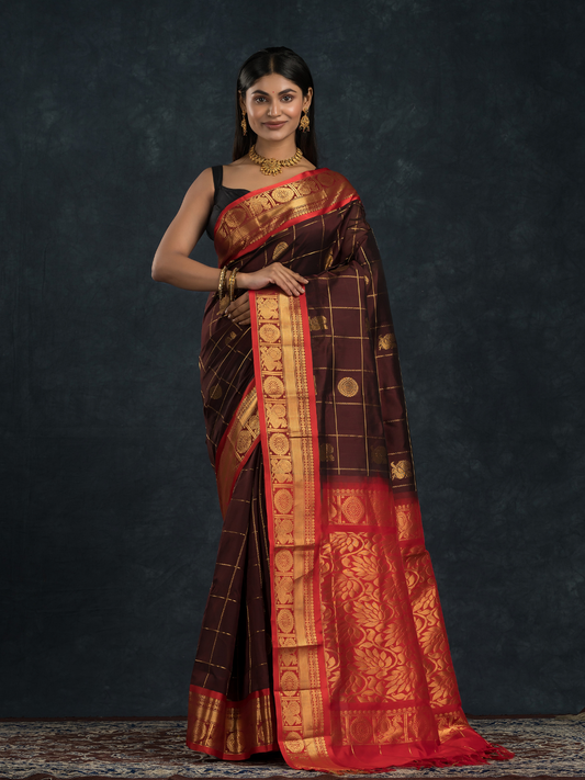 Korvai Saree With Dark Brown and Golden Red Border - 123