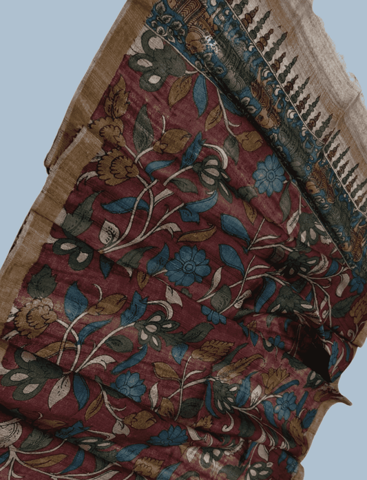 Pen Kalamkari Tussar Silk Dupatta in Burgundy Red -001