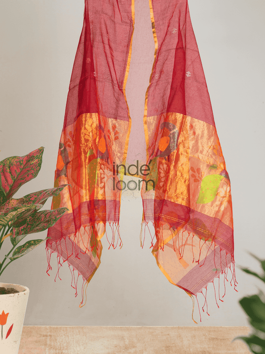 Cherry Red Paithani Jamdani Dupatta -007 - indeloom