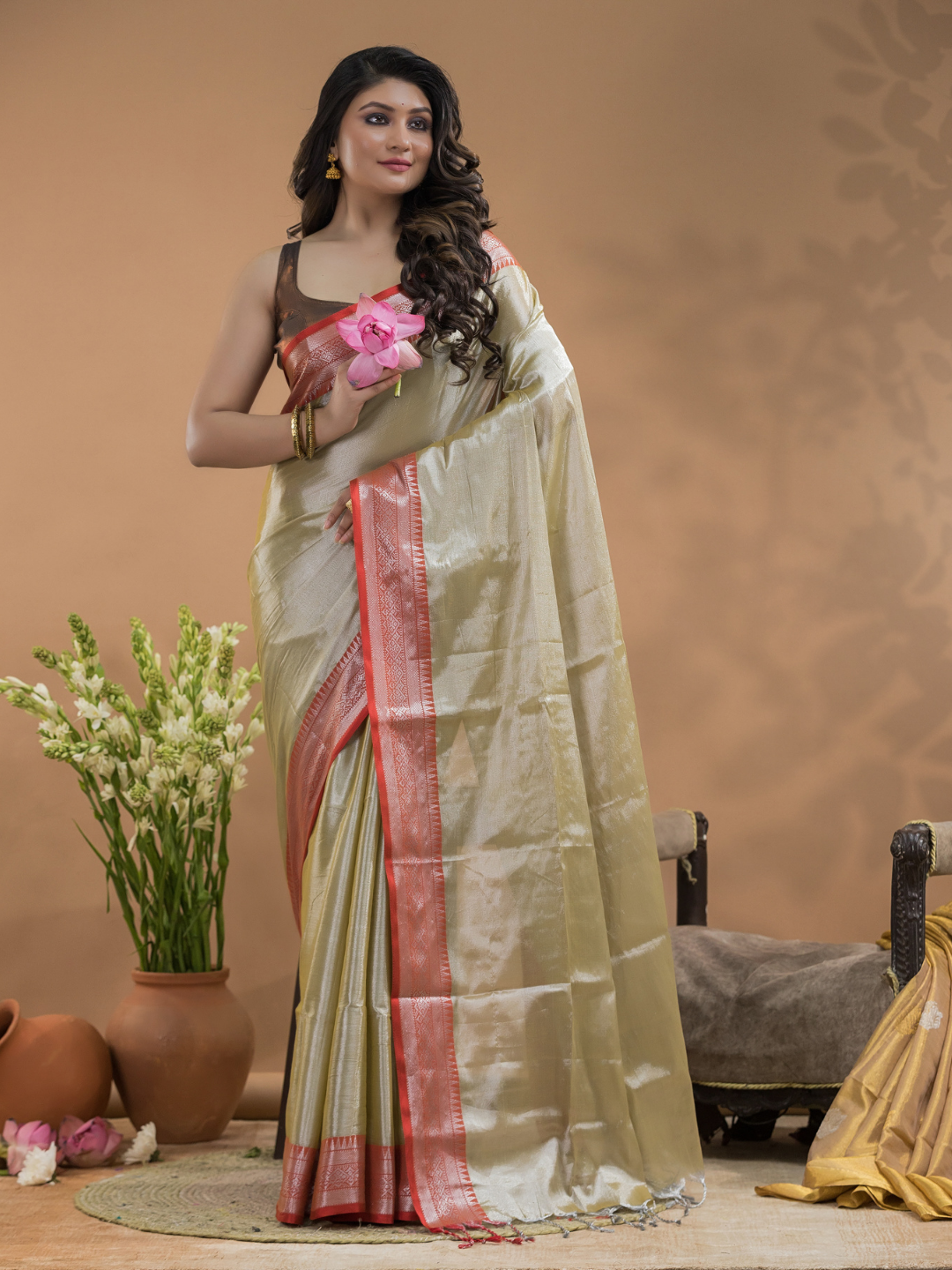 Tissue Silk Saree In Bone White -023