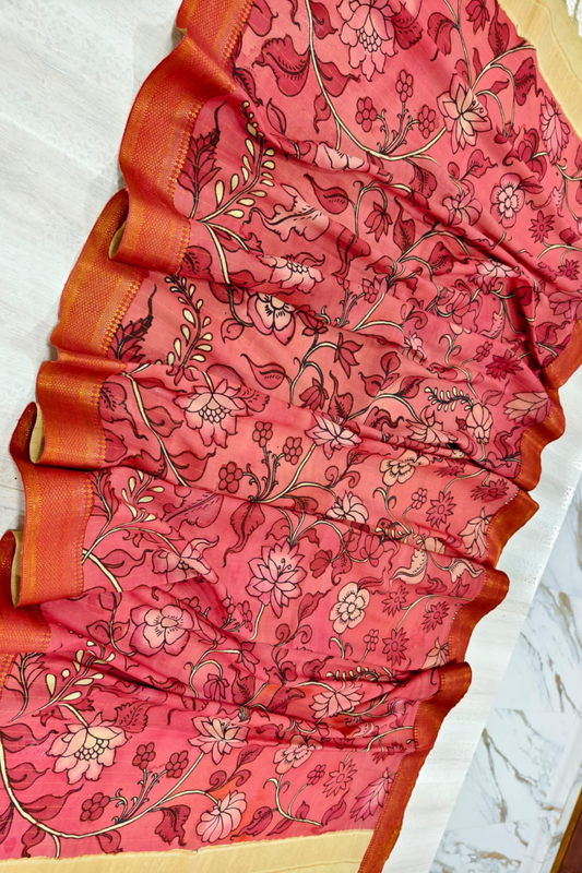 Imperial Red Design Bangalore silk Kalamkari Dupatta -013