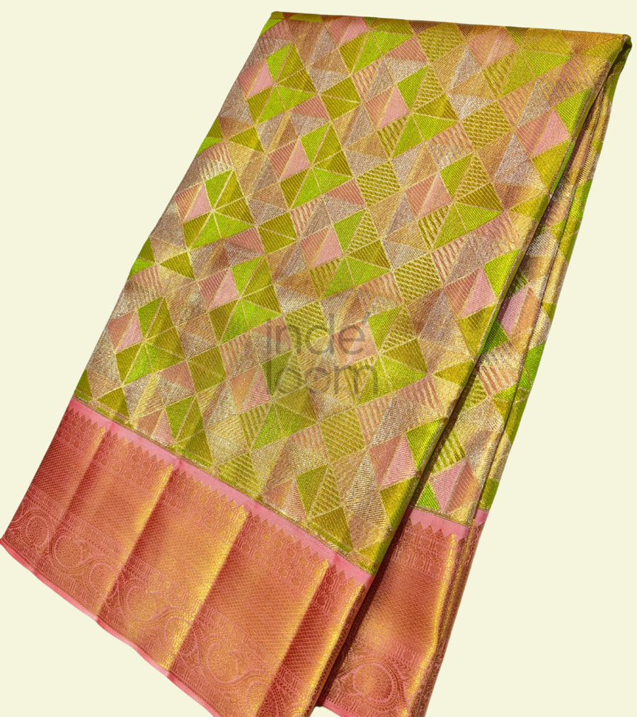 Leafy Green and Baby Pink with Golden Border Kanjivaram Saree -045