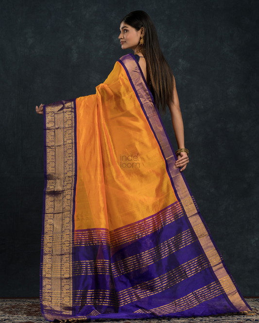 Korvai Saree Golden Yellow With Golden Purple Border - 050