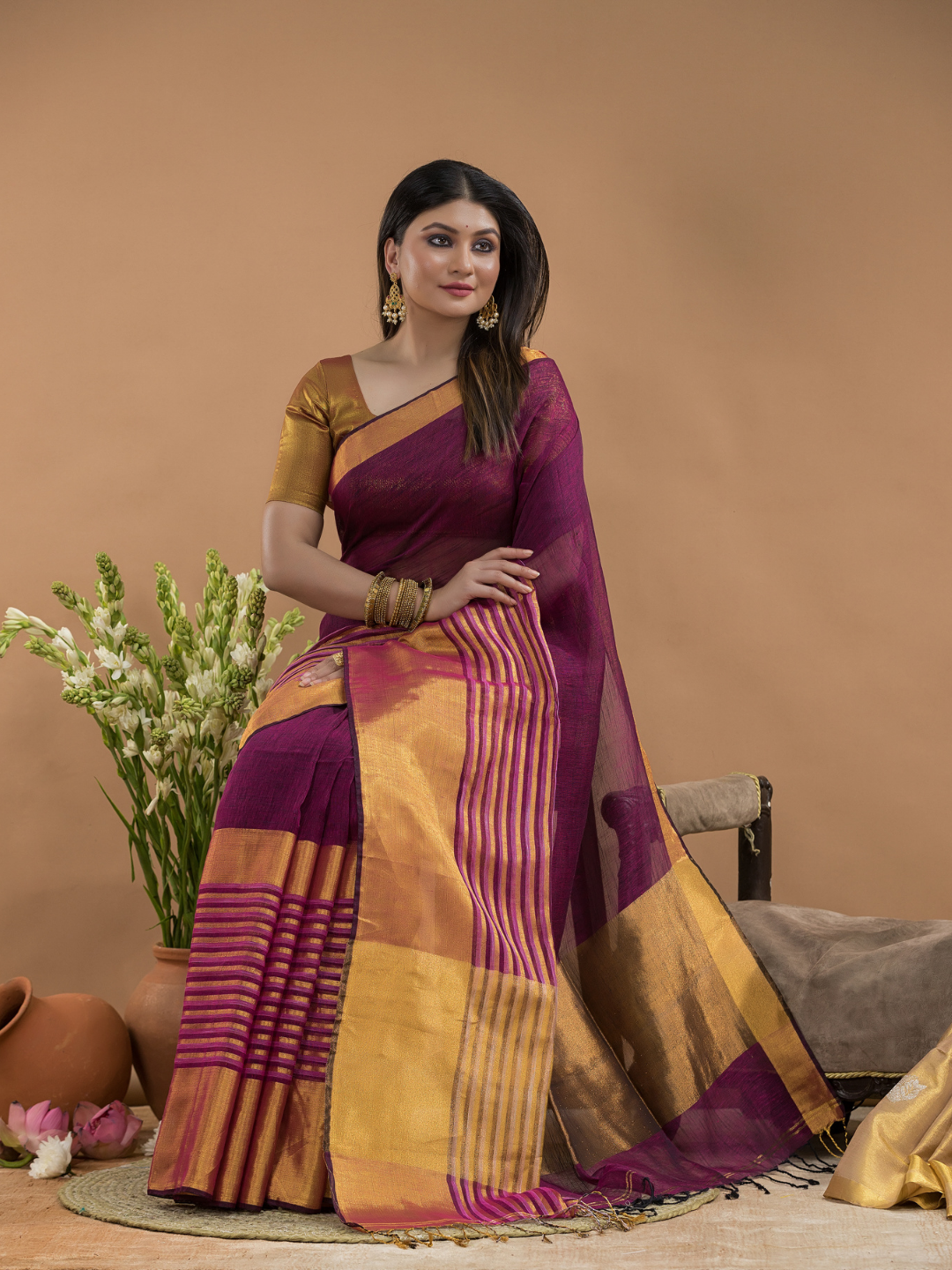 Tissue Silk Saree In Brick Red  030