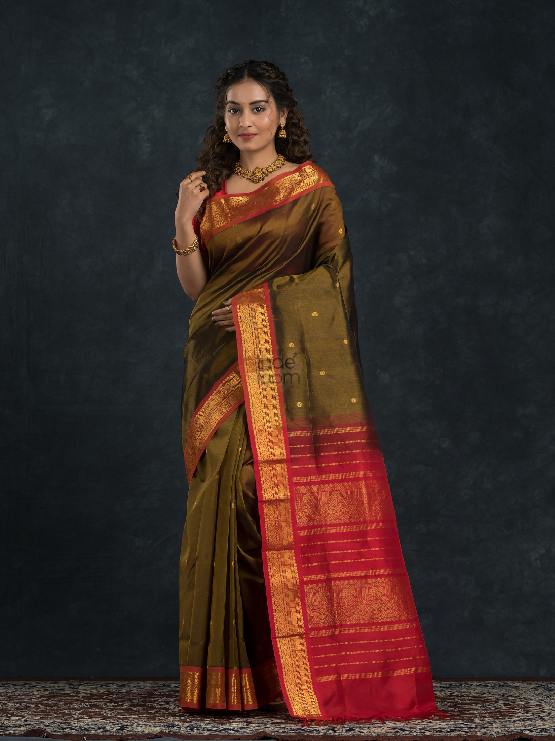 Korvai Saree with small buttas Forest Green And Golden Red Border - 157