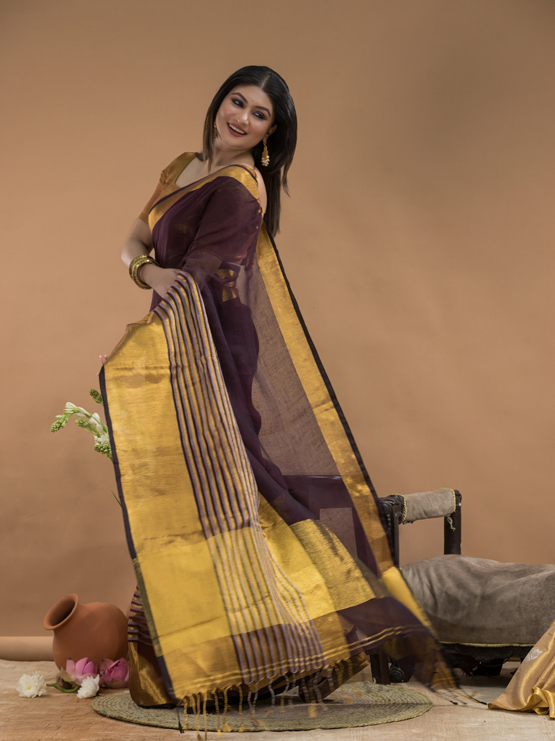 Coffee Brown Tissue Silk Saree-030